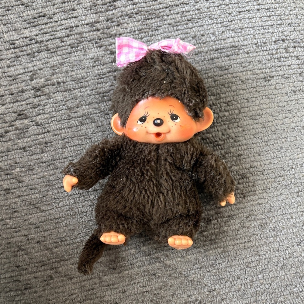 Vintage Monchhici Brown Plush Monkey Doll with Pink Bow - Kids Toys